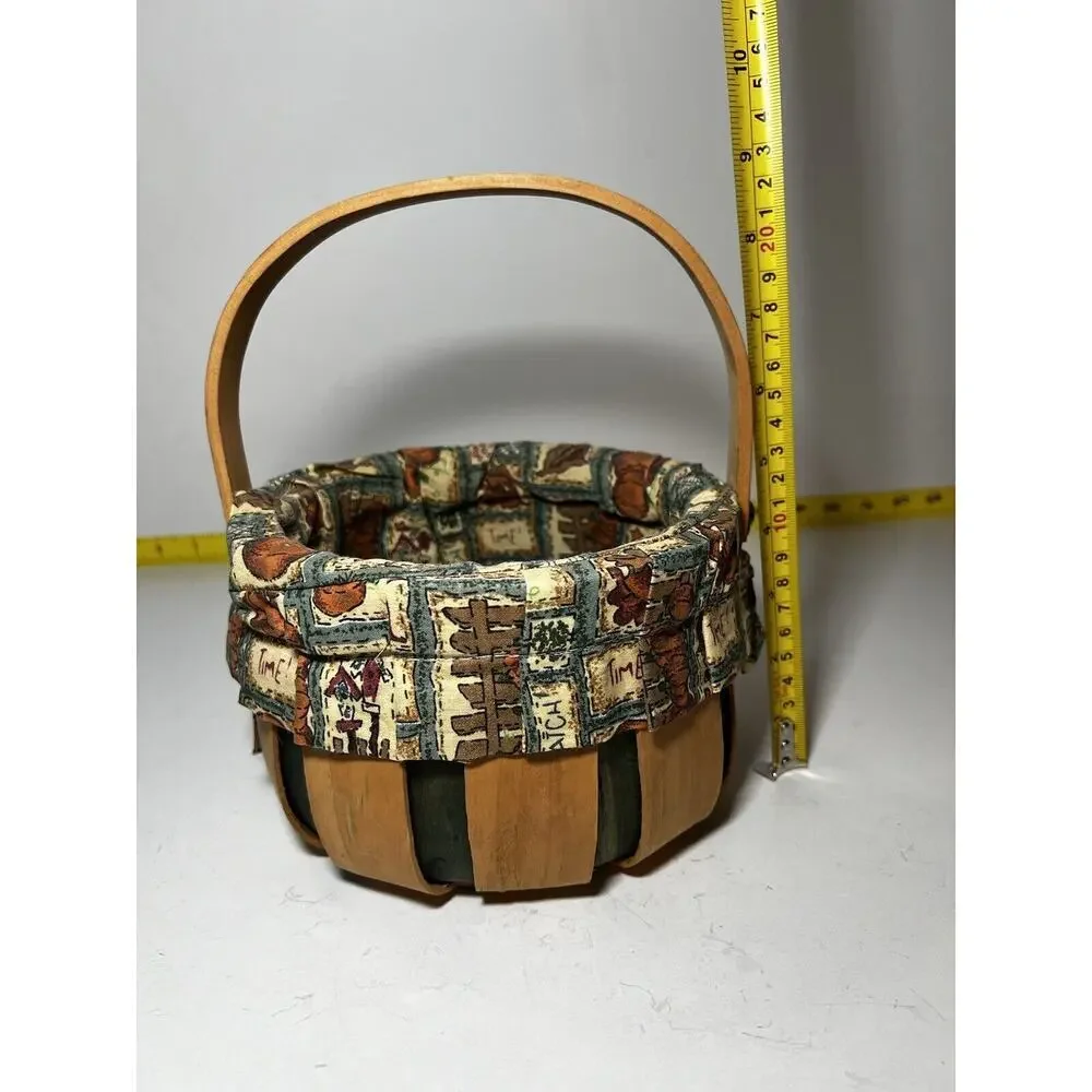 Vintage Wooden Basket Bent Wood Handle Cloth Lined Harvest Nailed Bottom