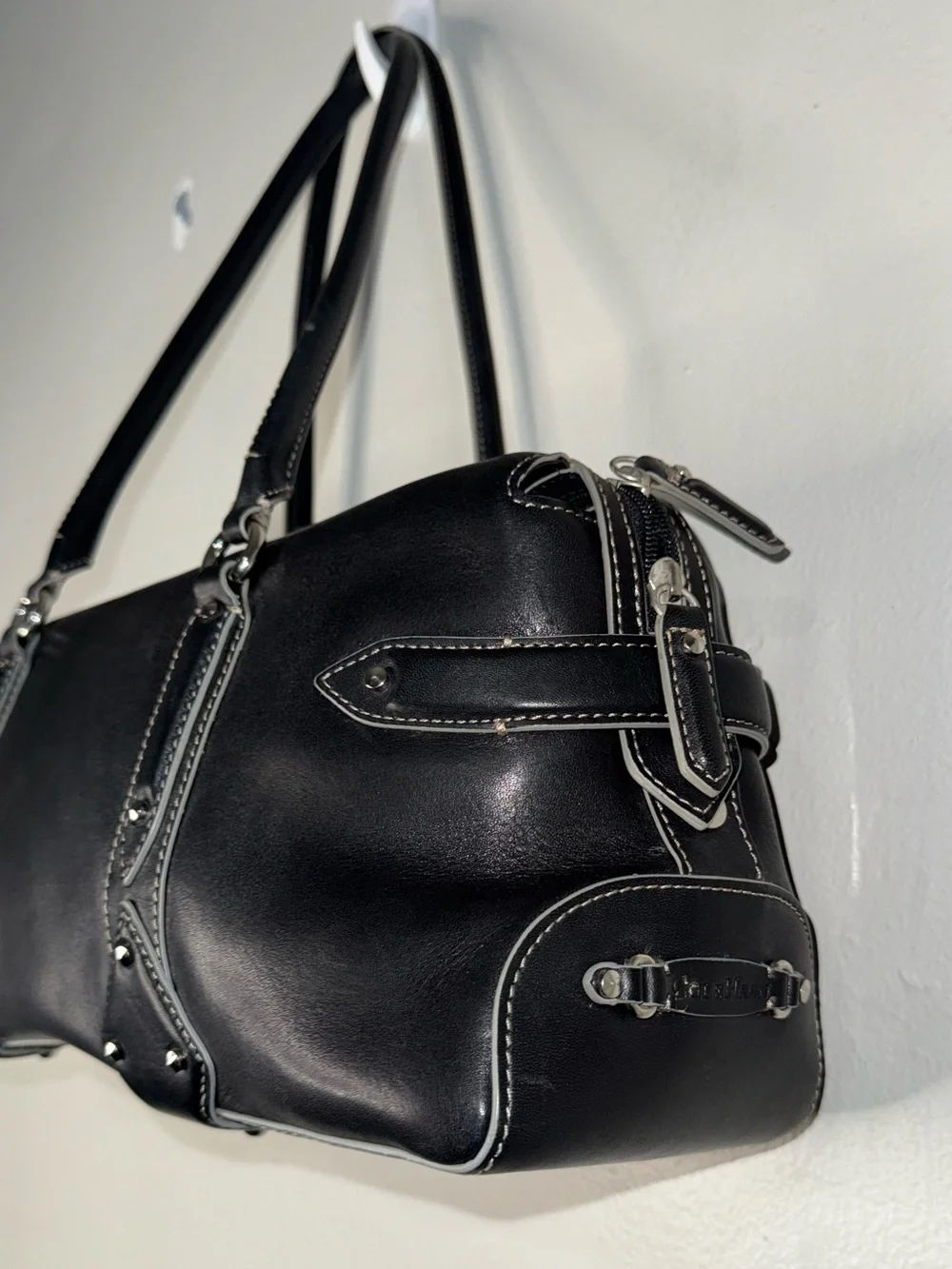 Cole Haan Black Leather Shoulder Bag with Stud Accents