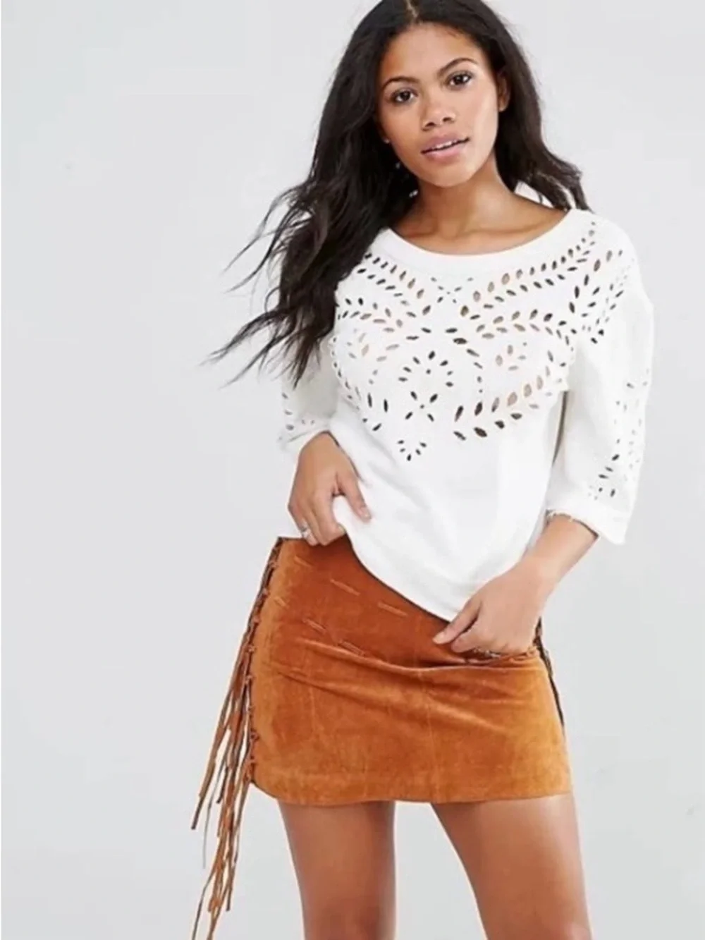 Free People Crumpette Cropped Eyelet Sweatshirt Ivory Boho Cottagecore Small