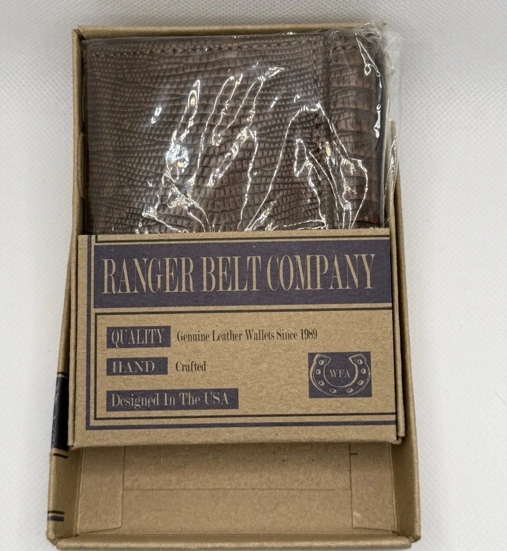 Ranger Belt Co Mens Brown Lizard Embossed Leather Trifold Wallet NIB Deadstock