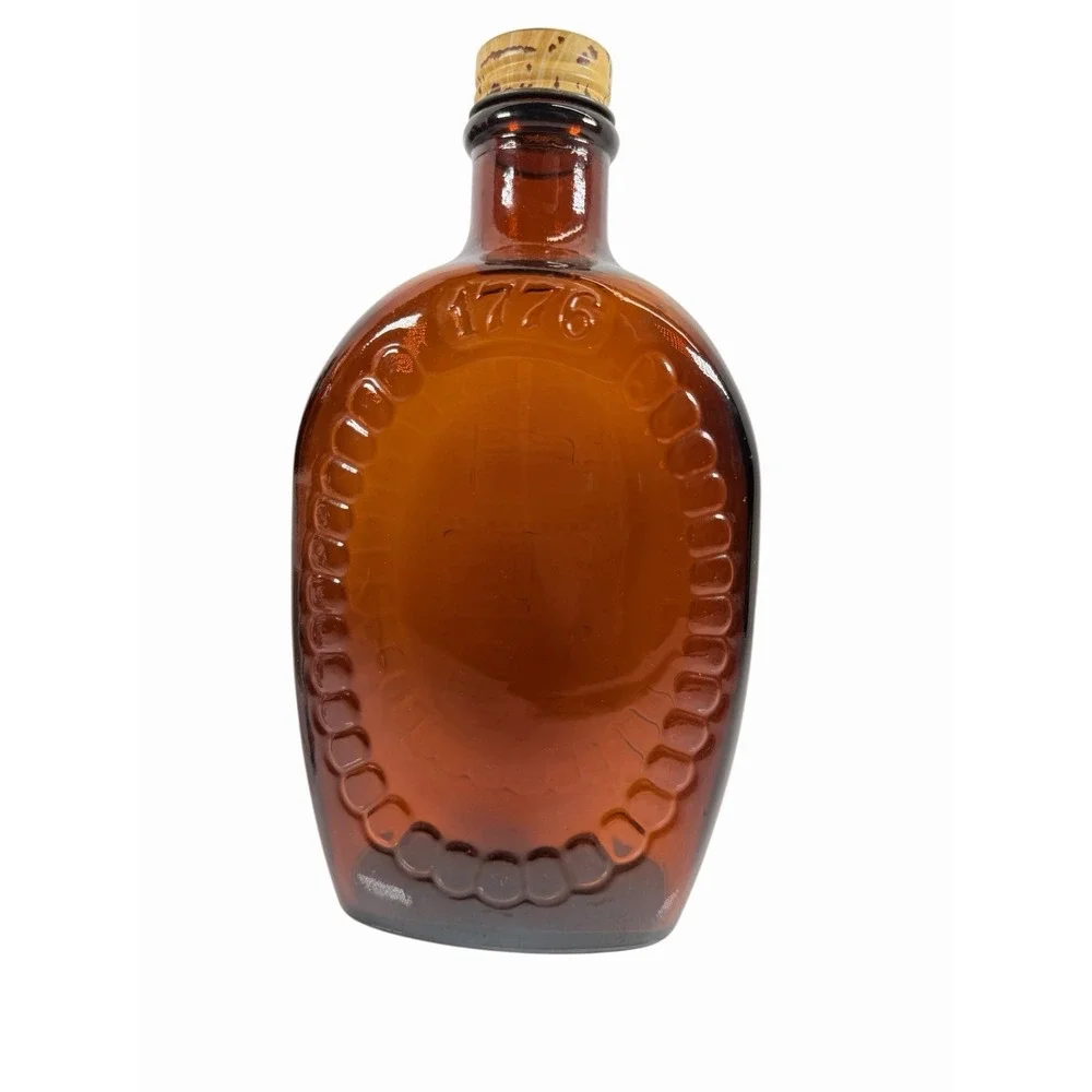 1776-1976 Vintage Bicentennial Amber Glass Embossed Log Cabin Maple Syrup Bottle
