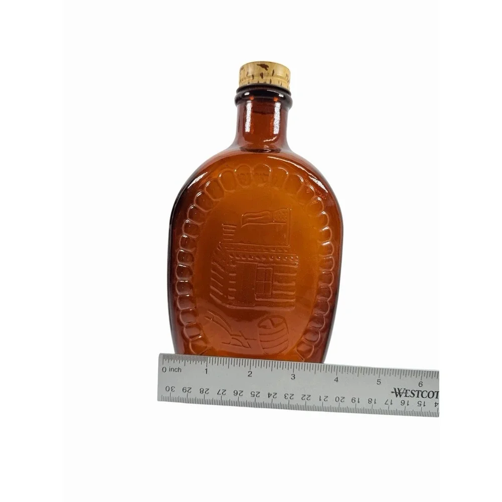 1776-1976 Vintage Bicentennial Amber Glass Embossed Log Cabin Maple Syrup Bottle