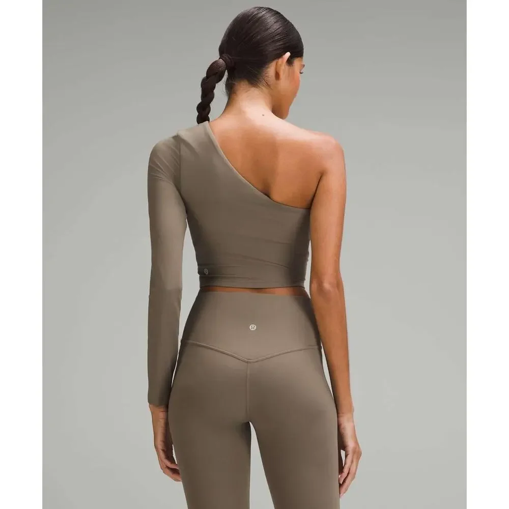 Lululemon Shirt Womens 6 Align LS Nomad Brown One Shoulder Crop Bra Asymmetric
