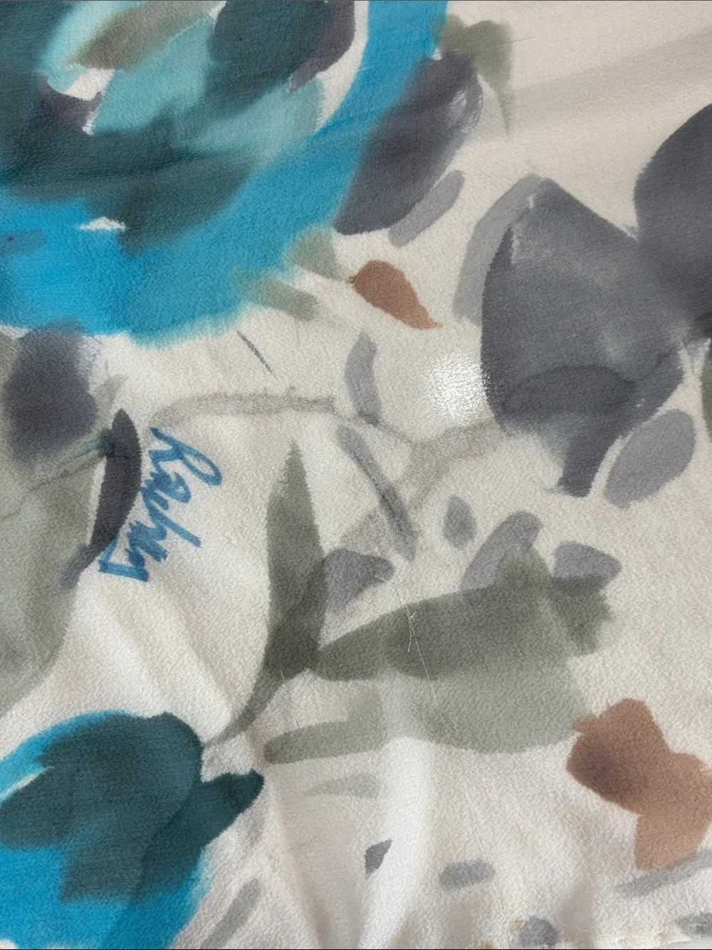 Artist Signed Watercolor Floral Sheer Chiffon Scarf Blue Gray White Oblong Wrap