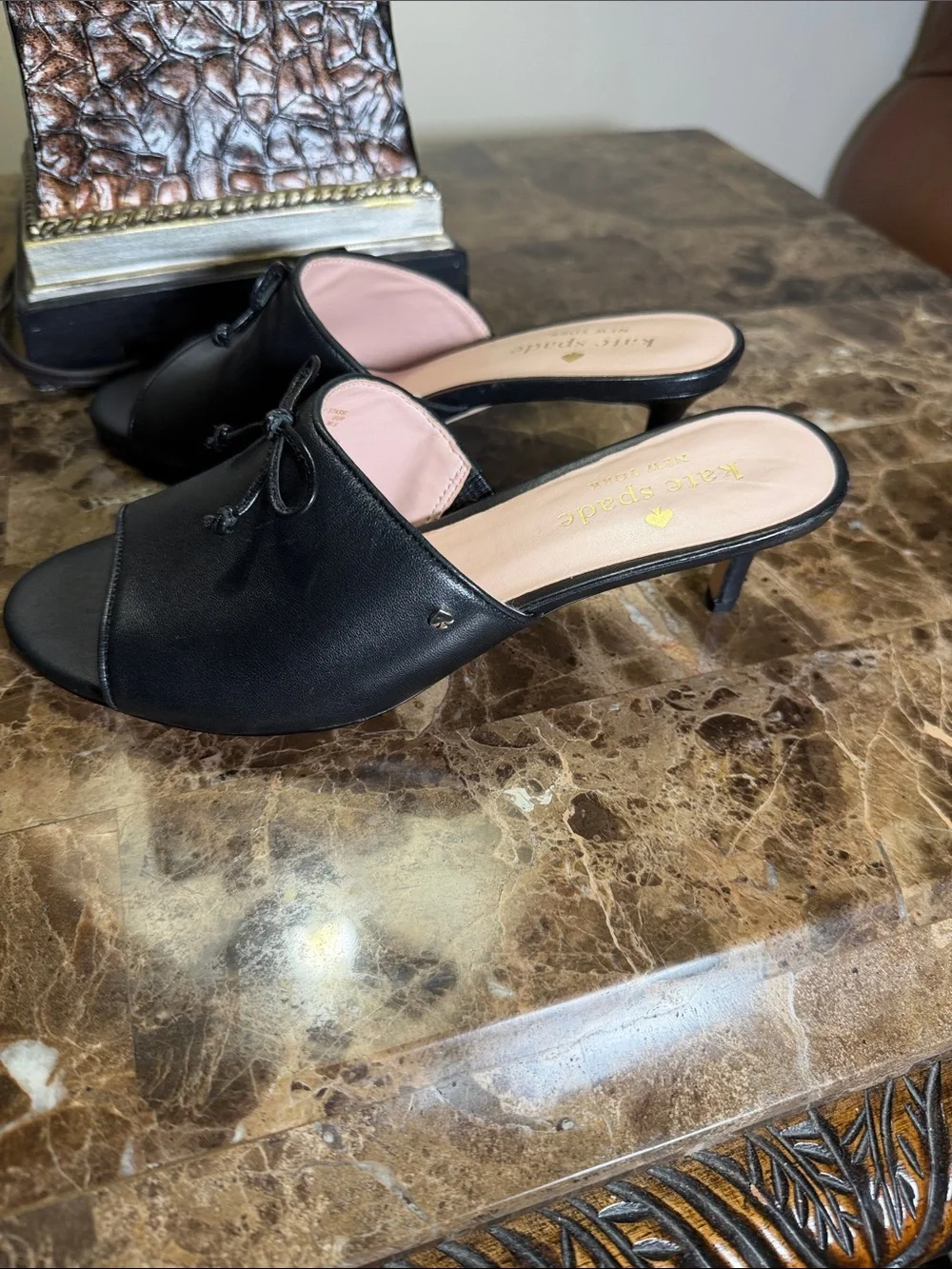 kate spade Black Leather Open-Toe Kitten Heel Mules with Pink Insole