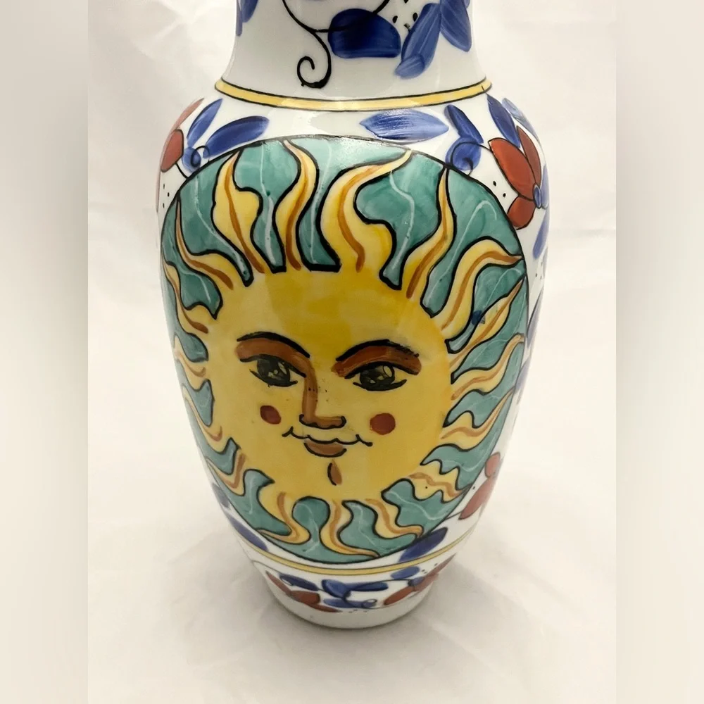 Hand-Painted Sunburst Ceramic Vase, 12 inch tall, MCM Home Decor EUC