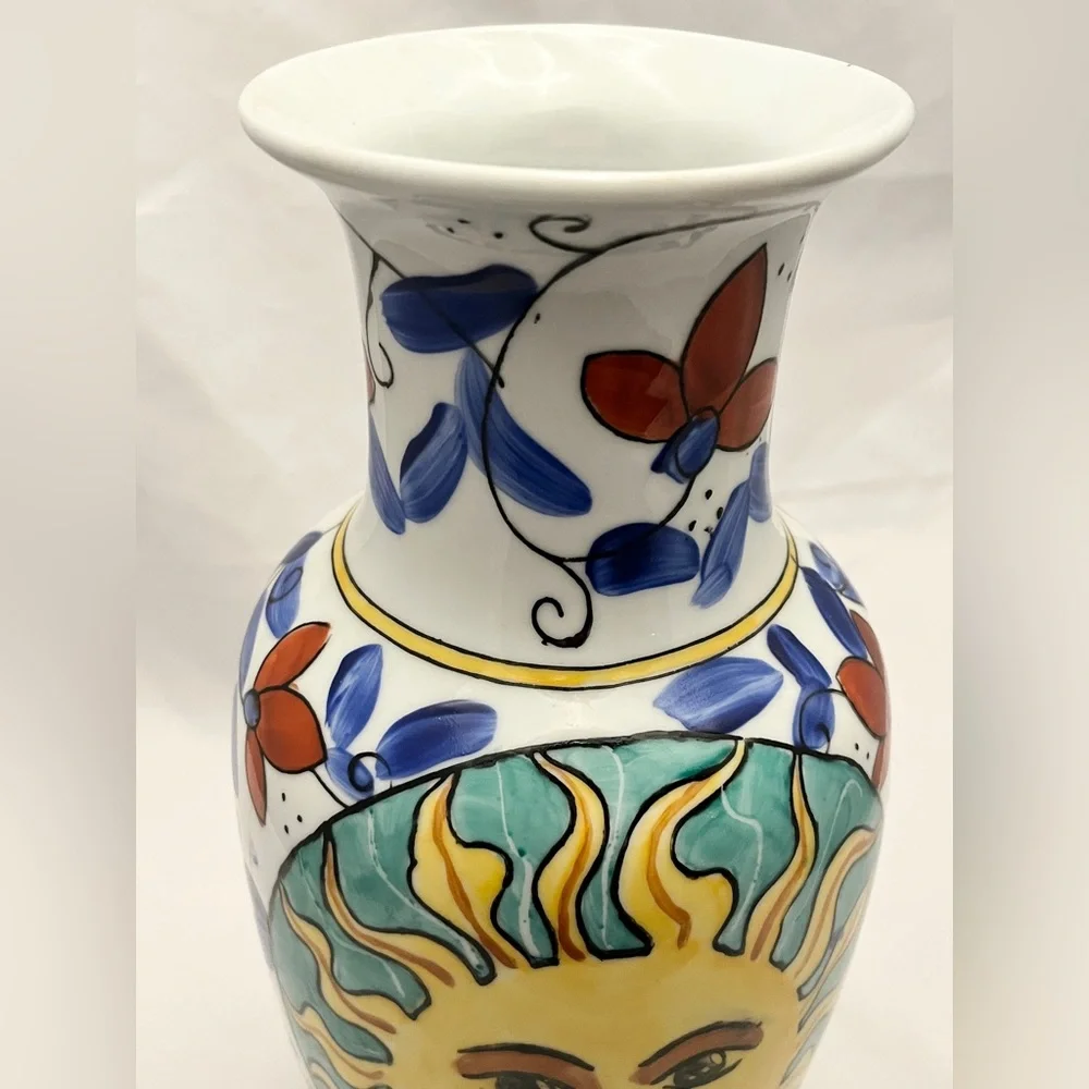 Hand-Painted Sunburst Ceramic Vase, 12 inch tall, MCM Home Decor EUC