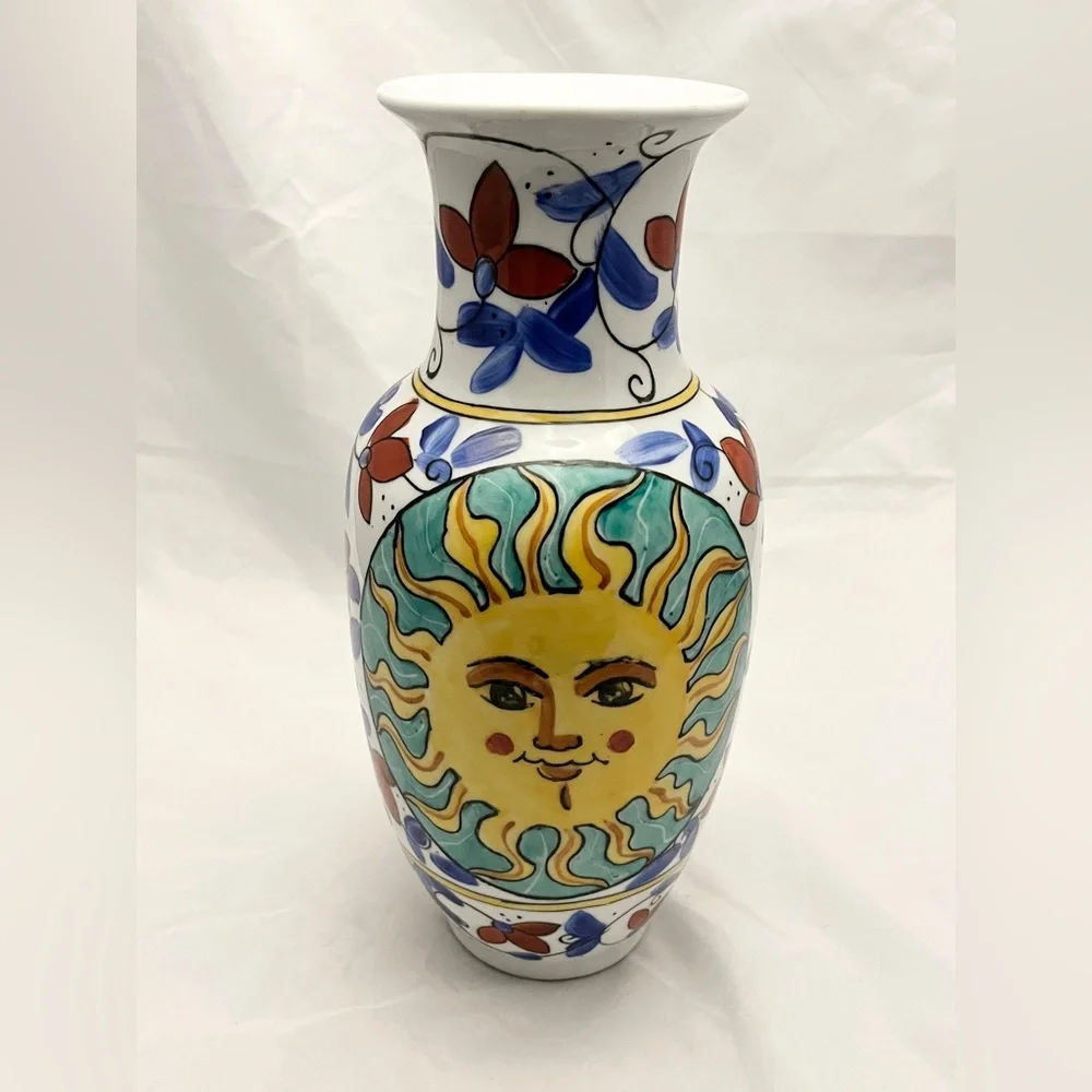 Hand-Painted Sunburst Ceramic Vase, 12 inch tall, MCM Home Decor EUC