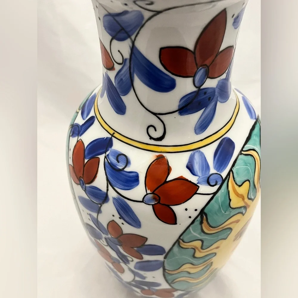 Hand-Painted Sunburst Ceramic Vase, 12 inch tall, MCM Home Decor EUC