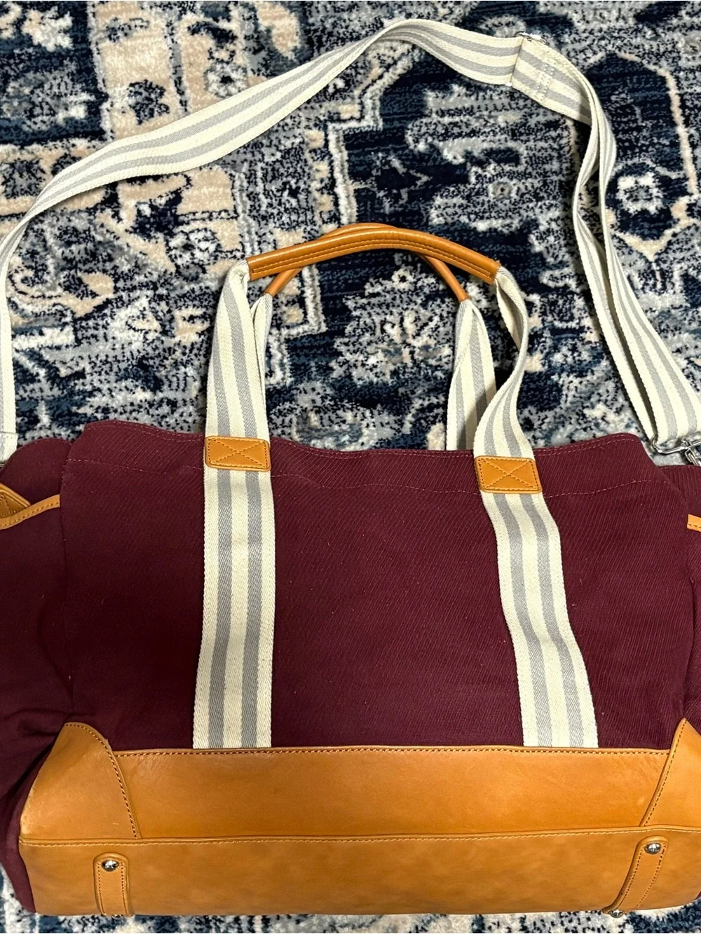 Pottery Barn Kids Burgundy Canvas Duffel with Tan Accents