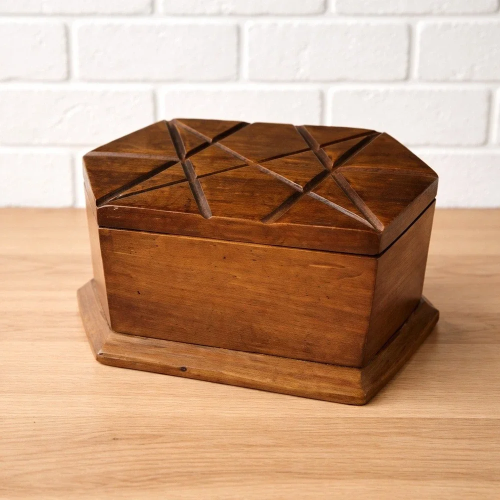 Vintage Hand Carved Wood Box‎ Geometric Star Hexagon MCM Keepsake Chest 8.5