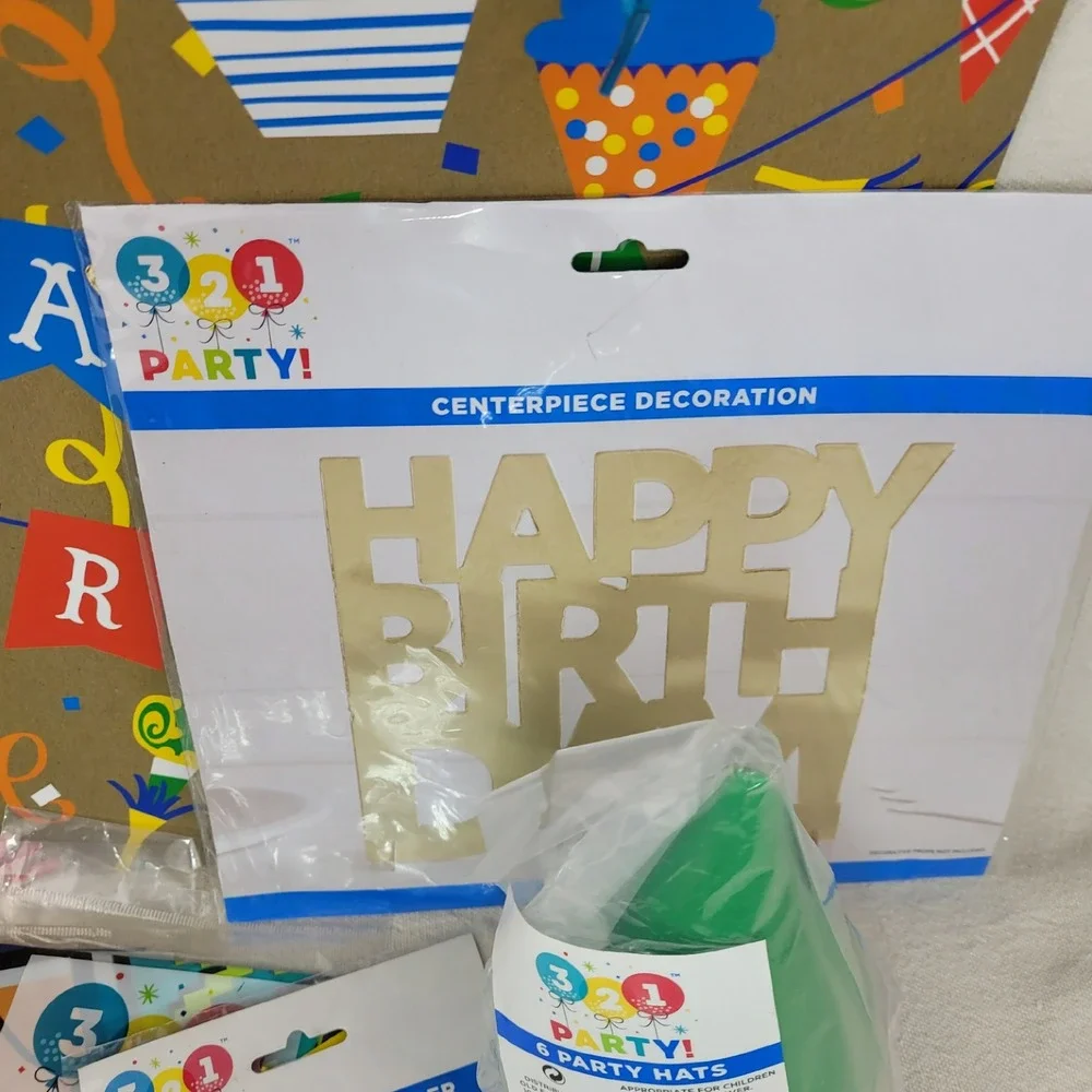 321 Party Birthday Supplies Bundle Tablecloths Cake Topper Hats Gift Bags Set