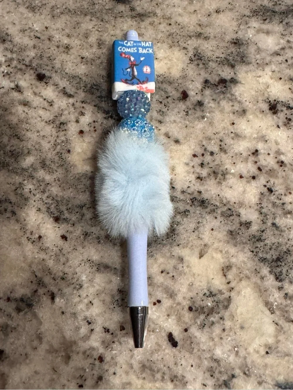Dr. Seuss Light Blue Fluffy Pom Pom Pen with Sparkle Beads