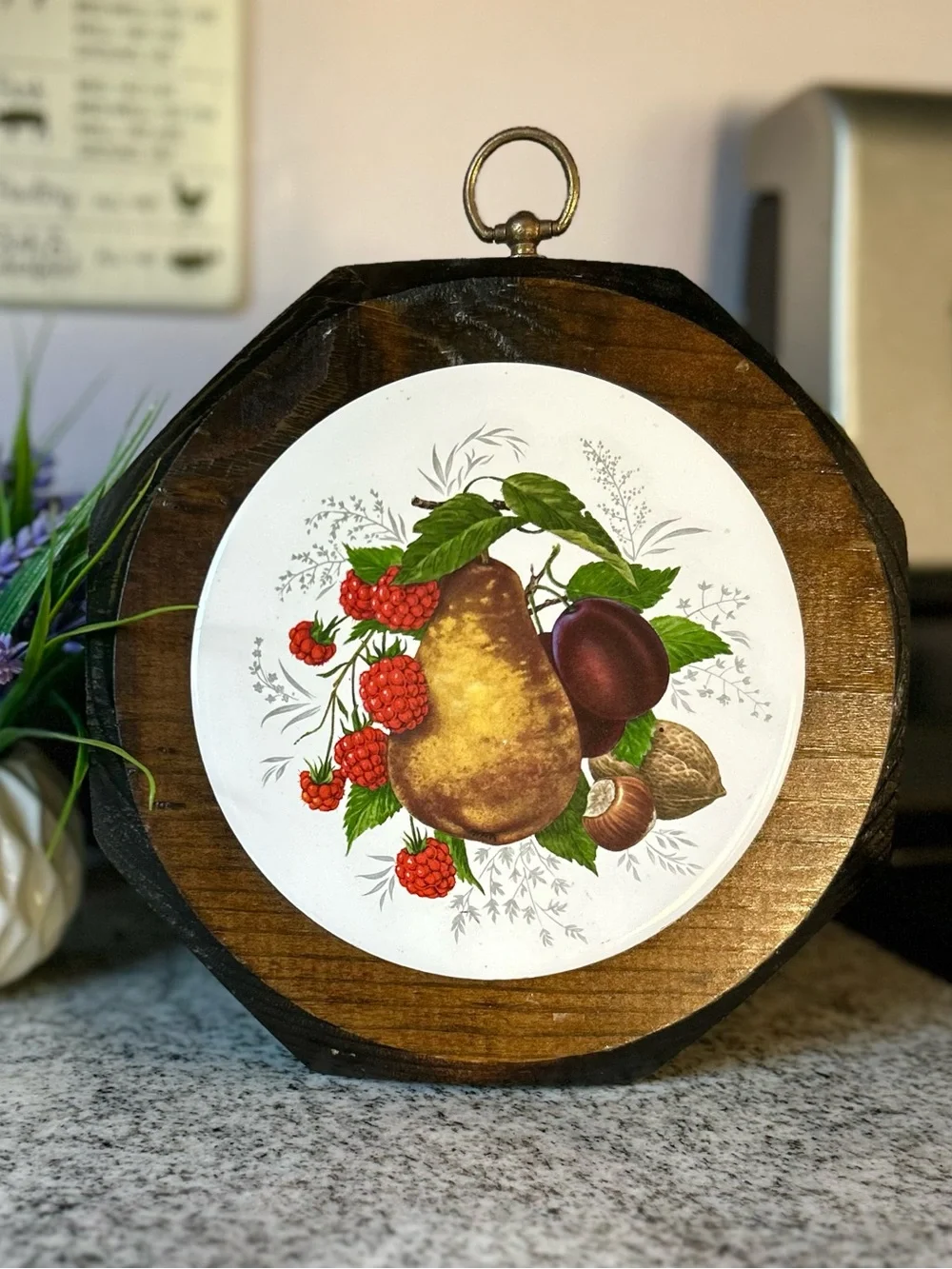 Vintage Fruits Featured on Ceramic Displayed on Wood Kitchen Wall Sign