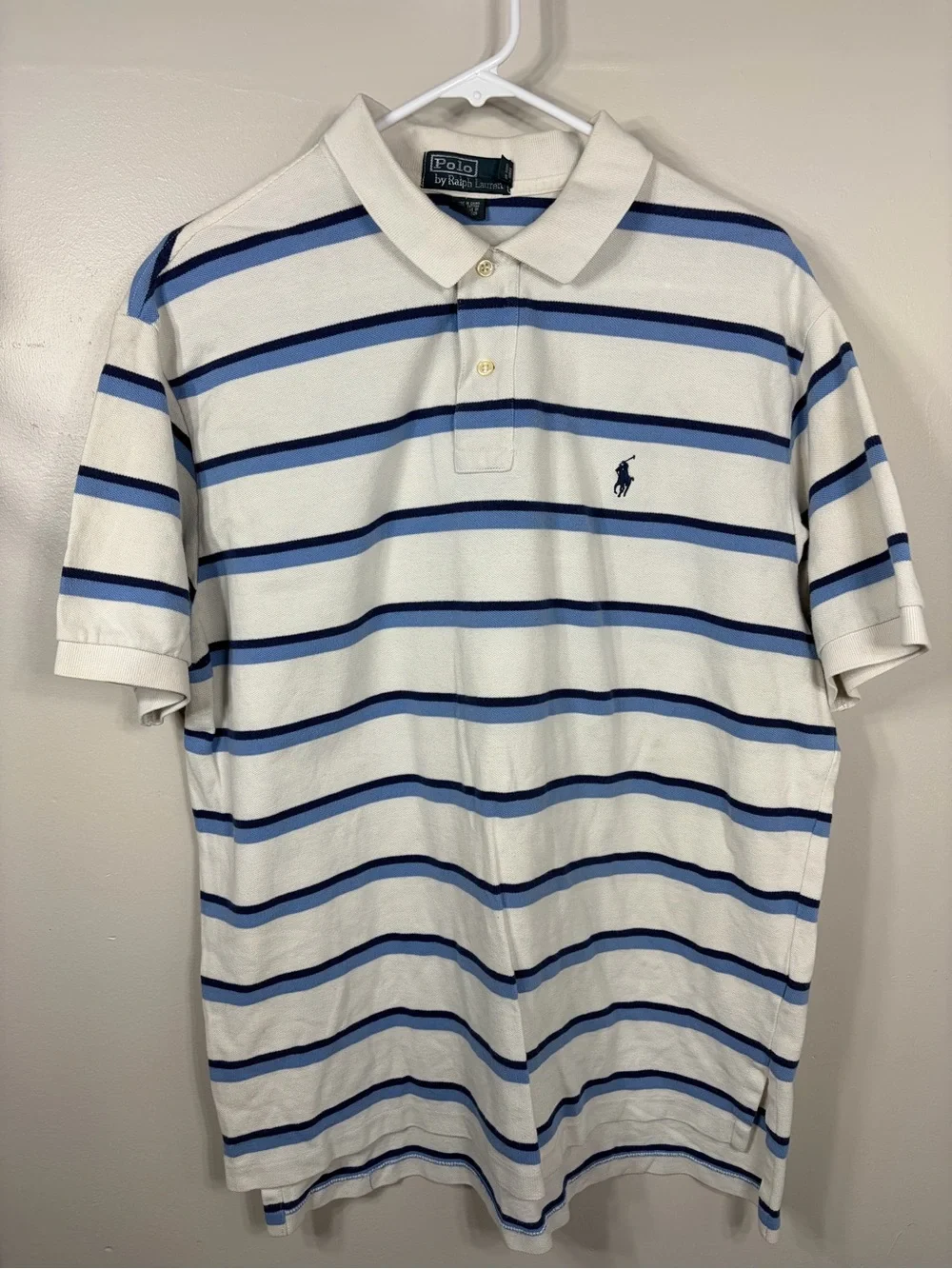 Polo Ralph Lauren Men’s XL White Blue Striped Cotton Polo Shirt Pony Logo