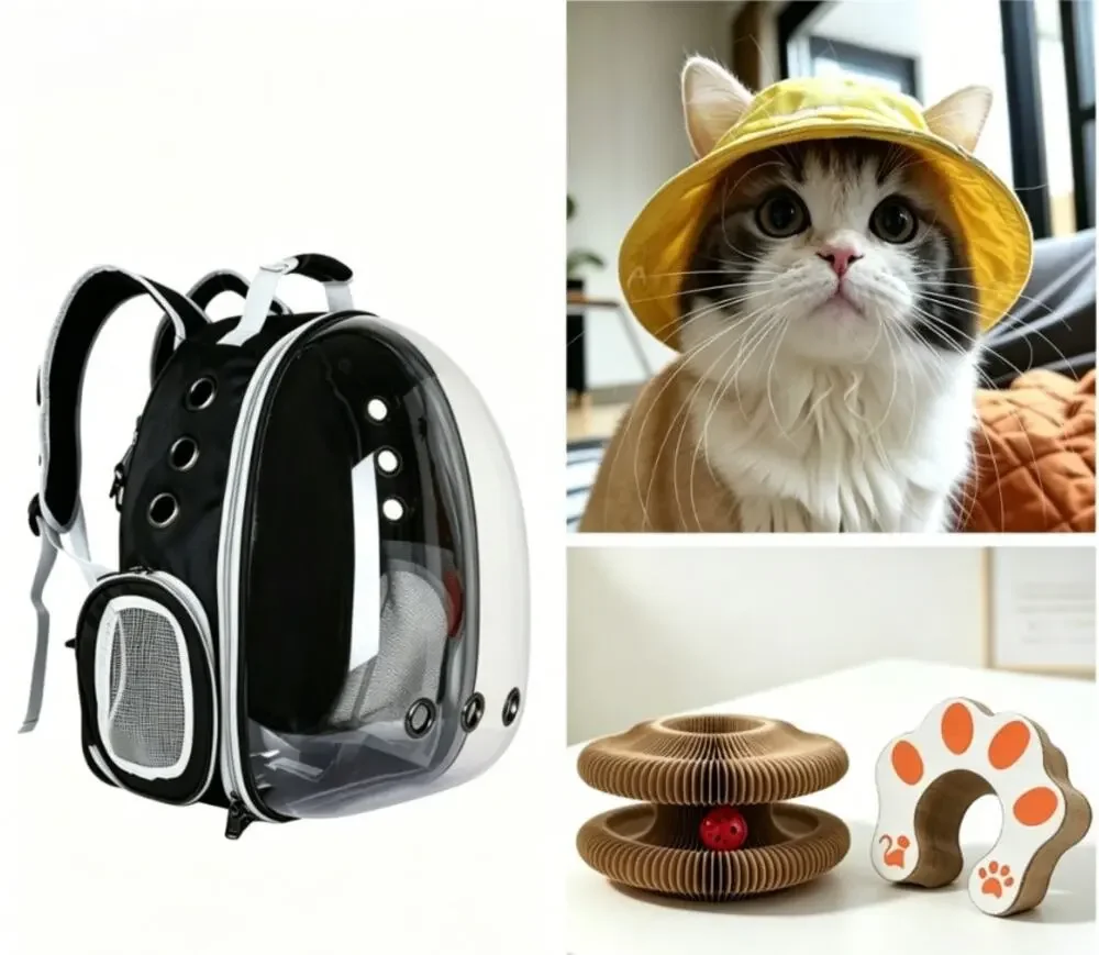 Cat Travel & Play Set: Carrier, Hat & Scratcher Toy, Pet Outdoor & Home Kit