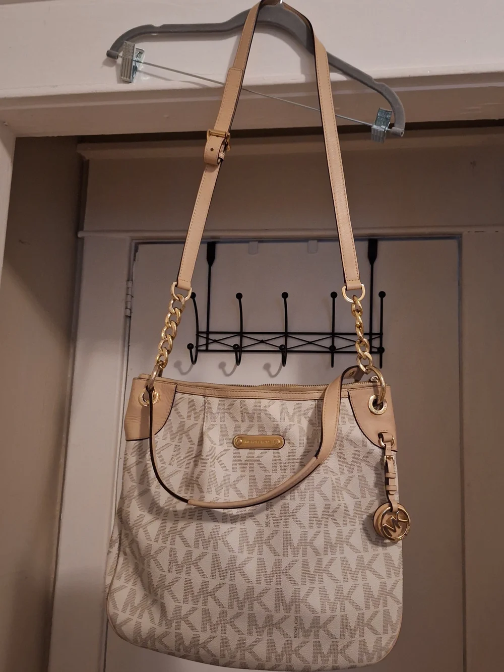 Michael Kors Beige and Tan MK Logo Shoulder Bag with Gold Hardware