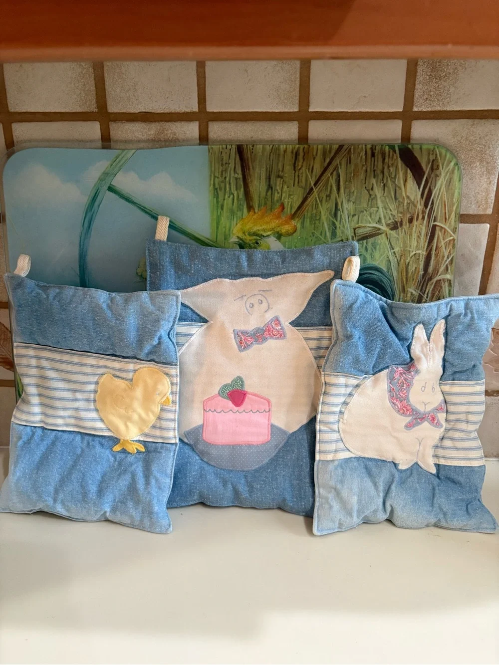 Blue Bunny, Chicken, Piggy Farm Animal  Kitchen Serving Mitts