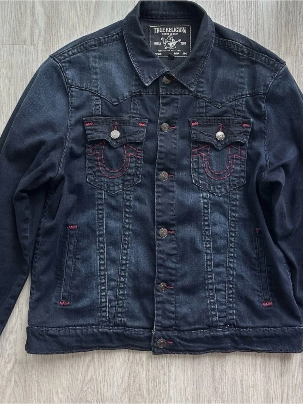 True Religion Dark Blue Denim Jacket with Pink Stitch Accents