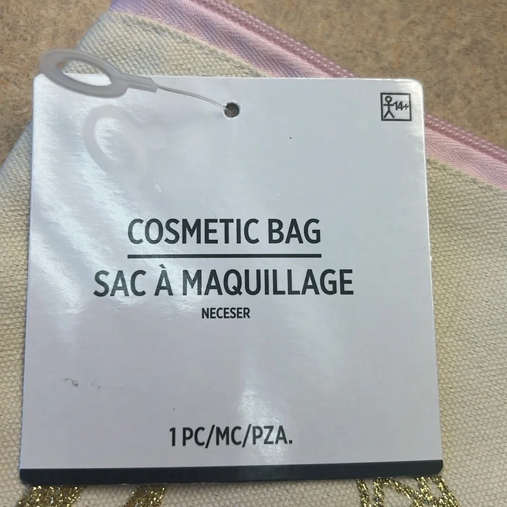 Cosmetic Bag, pink zipper & tassel, Cream bag, Gold Glitter “Brides Maid” NWT