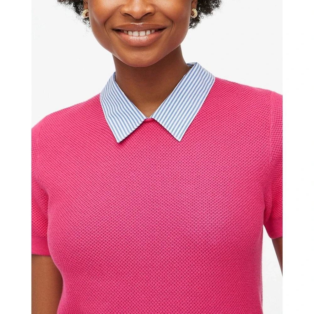 J.Crew Sweater Top Women Small Pink Striped Collar AW366 Short Sleeve Preppy