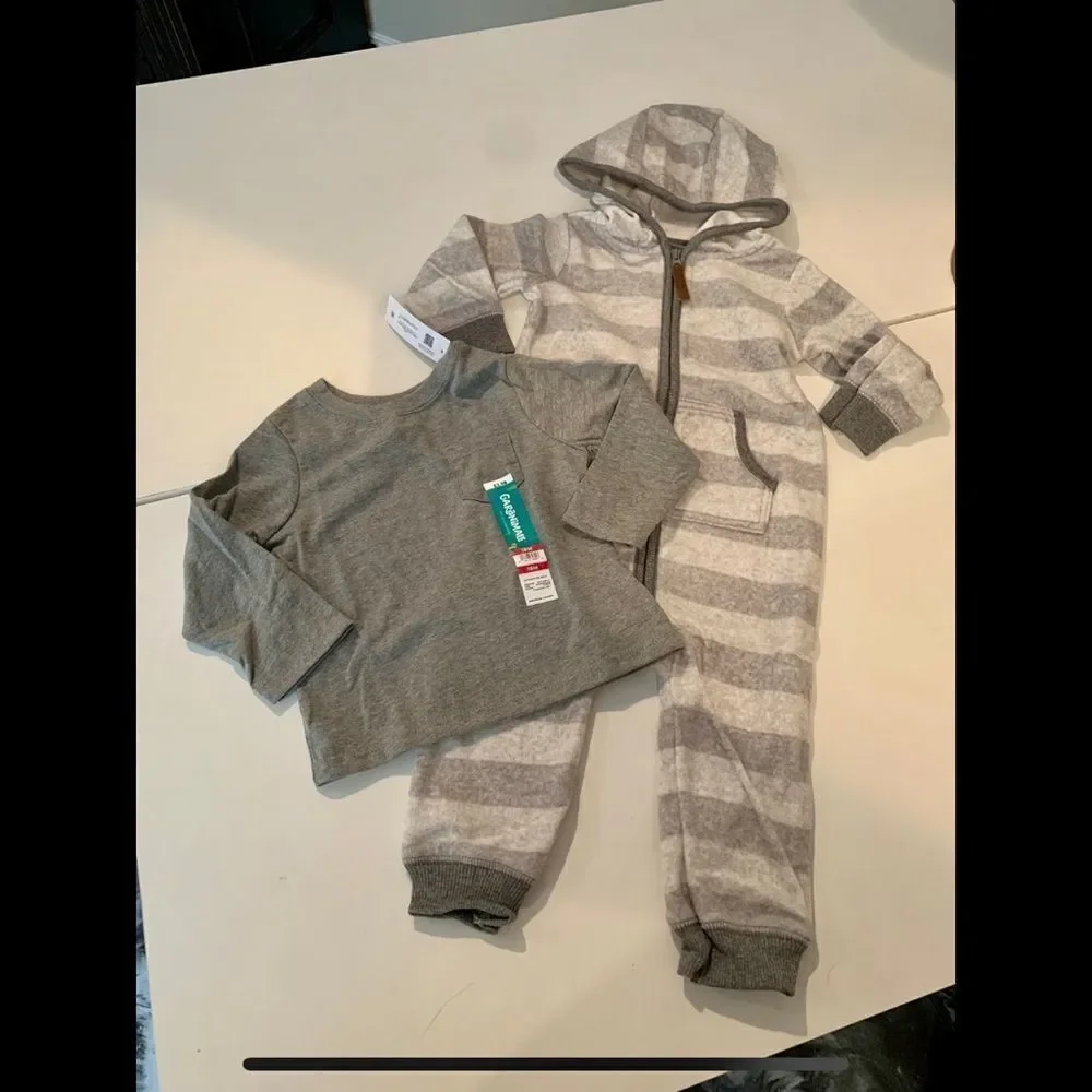 NWT New CARTERS GARANIMALS Set Fleece Gray White Stripe Coverall & Tee Shirt 18m