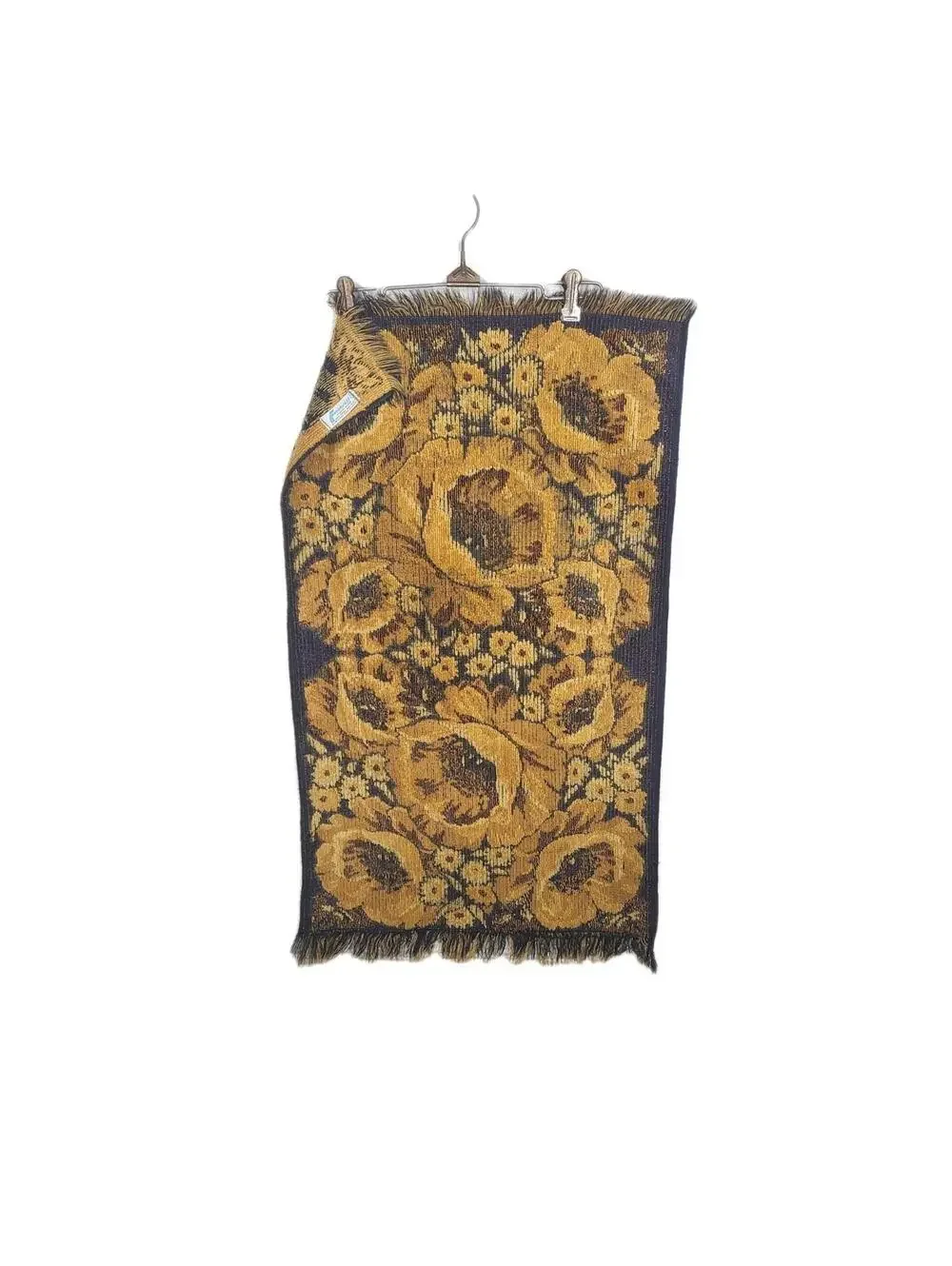 Vtg 70s Fieldcrest Poppies Bath Towel Black Gold 100% Cotton Bathmat Retro Rare