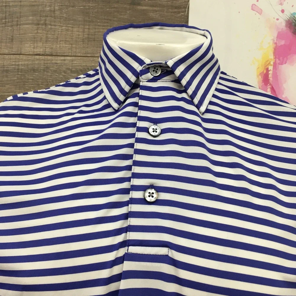 FootJoy Mens Large Blue White Striped Portland Golf Club Polo Shirt Short Sleeve