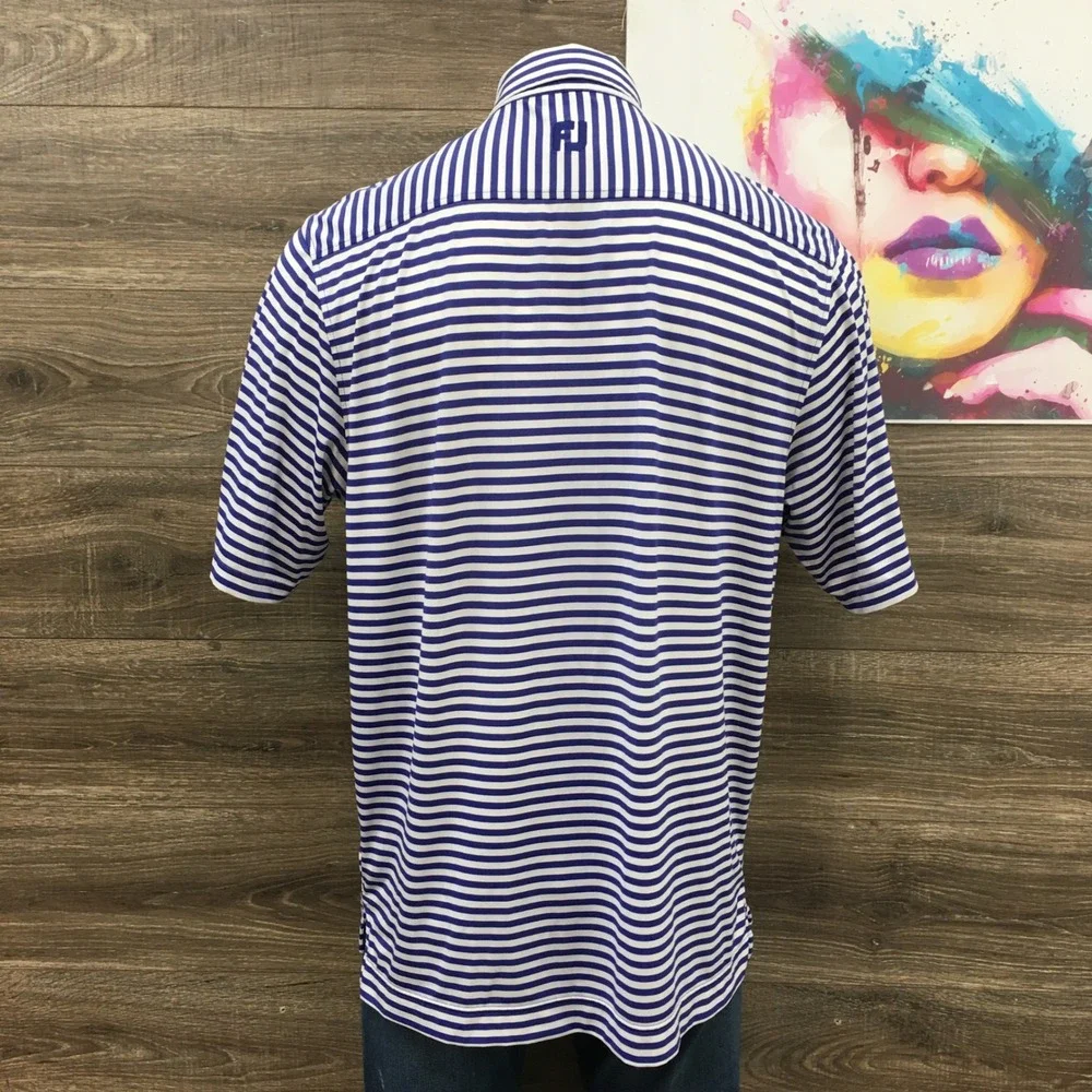 FootJoy Mens Large Blue White Striped Portland Golf Club Polo Shirt Short Sleeve