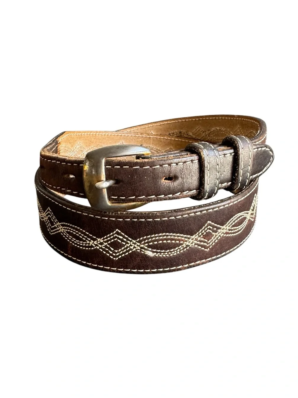 Vintage Brown Leather Belt Stitched Western Detail Unisex Womens Medium