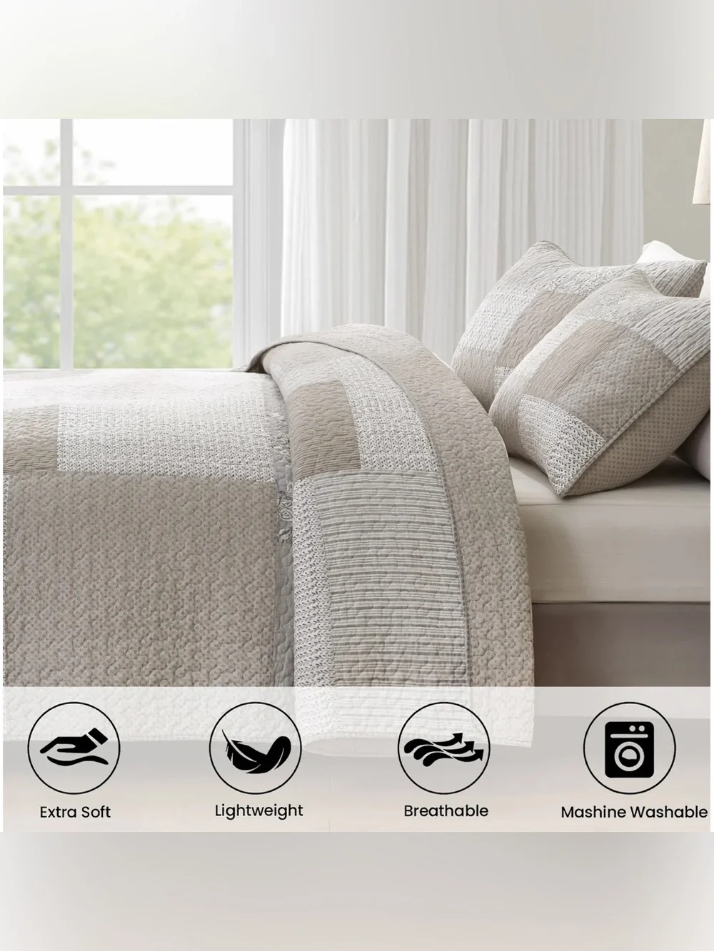 Neutral Patchwork Quilted Comforter Set - Home Bedding