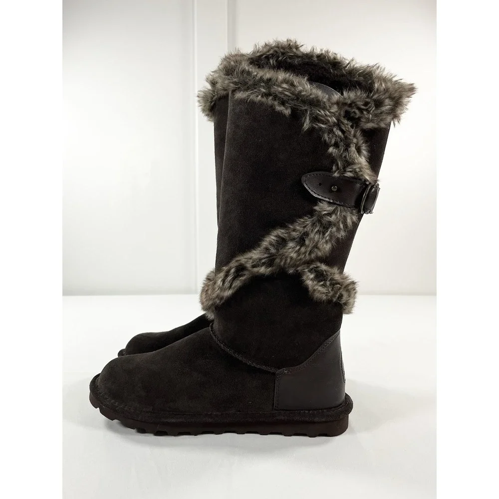 New BEARPAW Sheilah Women's 10 Suede Tall Boots Faux Fur Trim‎ Hickory Winter