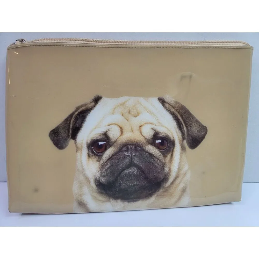 Catseye London Pug Dog Makeup Bag Beige Glossy Zipper Pouch Cosmetic Case