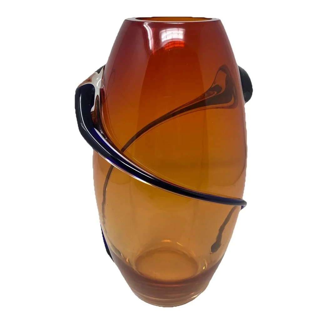 VTG Hand Blown Murano Art Glass Red Amber Swirl‎ Wrap Mid Century Lava 12