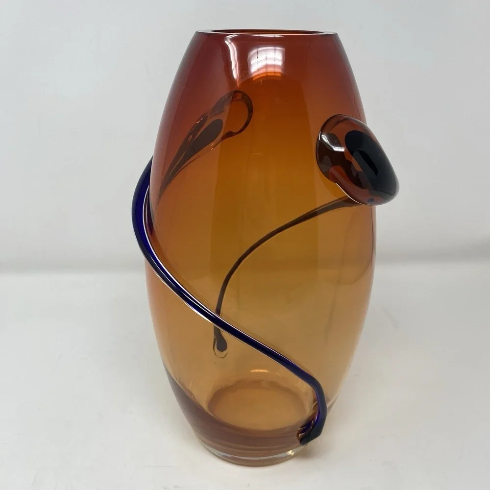 VTG Hand Blown Murano Art Glass Red Amber Swirl‎ Wrap Mid Century Lava 12