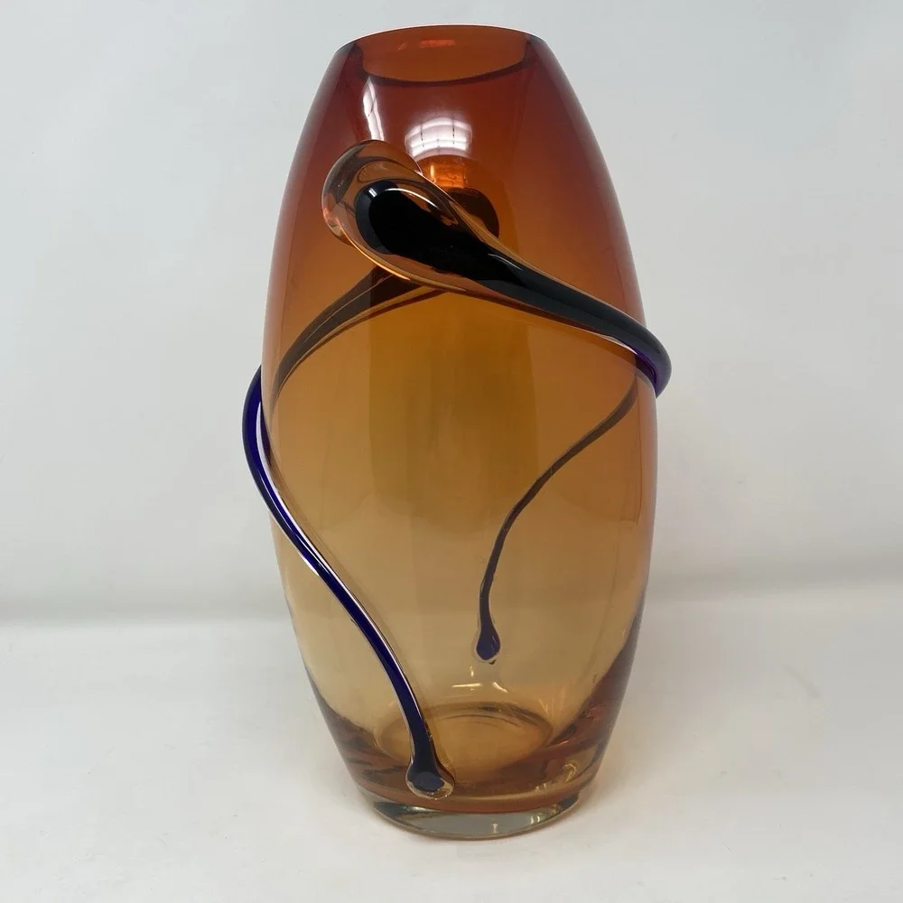 VTG Hand Blown Murano Art Glass Red Amber Swirl‎ Wrap Mid Century Lava 12