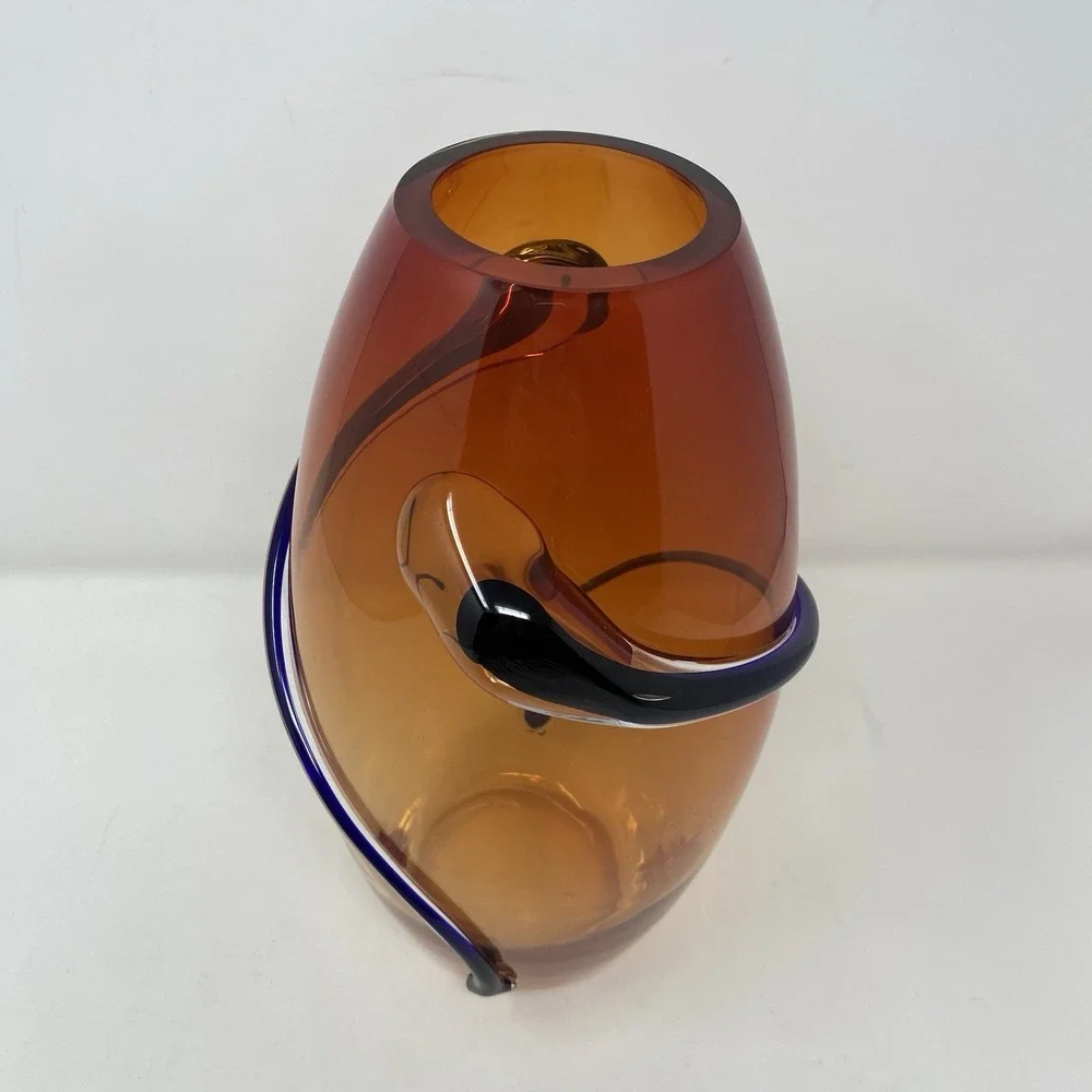 VTG Hand Blown Murano Art Glass Red Amber Swirl‎ Wrap Mid Century Lava 12