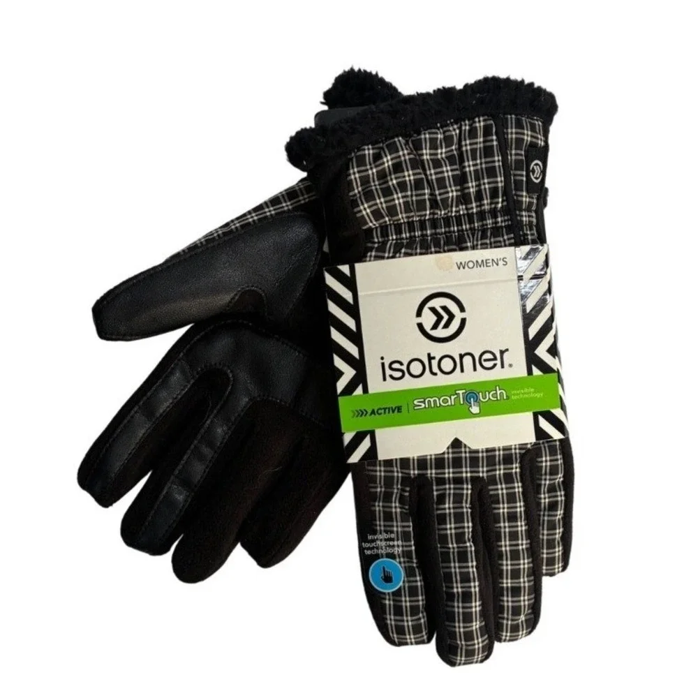 Isotoner Womens SmartTouch Plaid Active Gloves Black White M/L Winter Chic‎