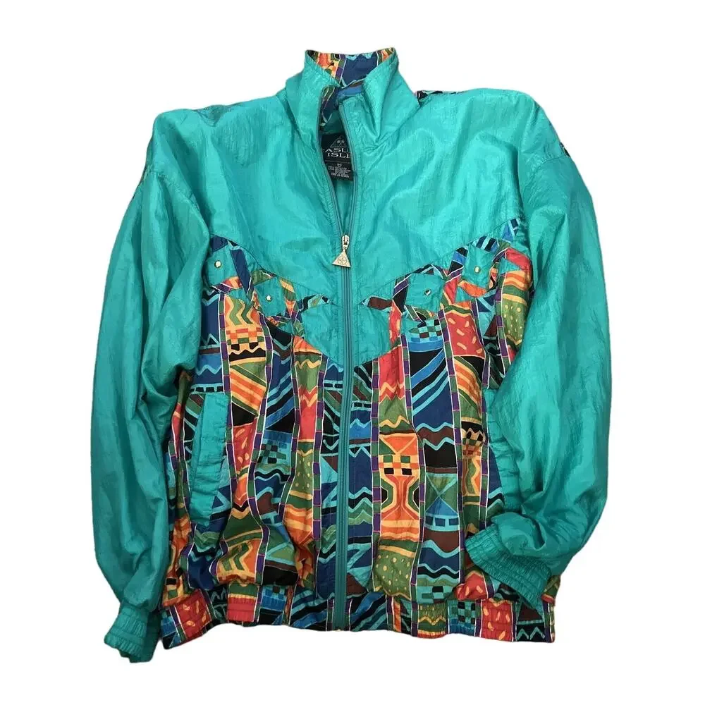 Vintage Casual Isle Teal Long Sleeve Full-Zip Mock windbreaker Adult‎ Size M