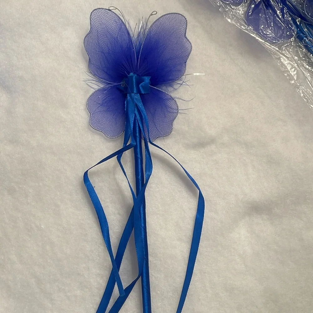 Blue butterfly Fairy Wand Party Favors with Maribou and ribbons set of 16