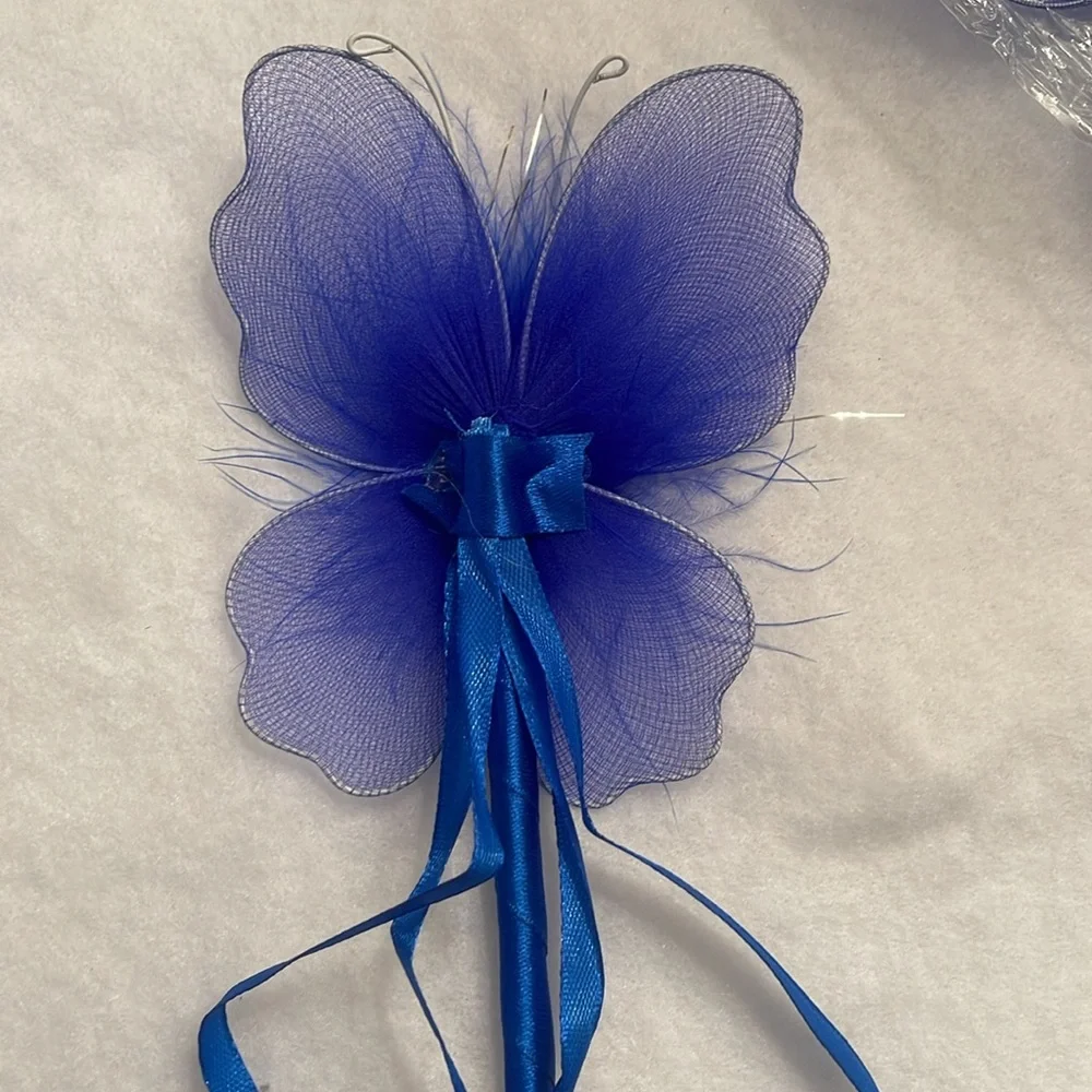 Blue butterfly Fairy Wand Party Favors with Maribou and ribbons set of 16