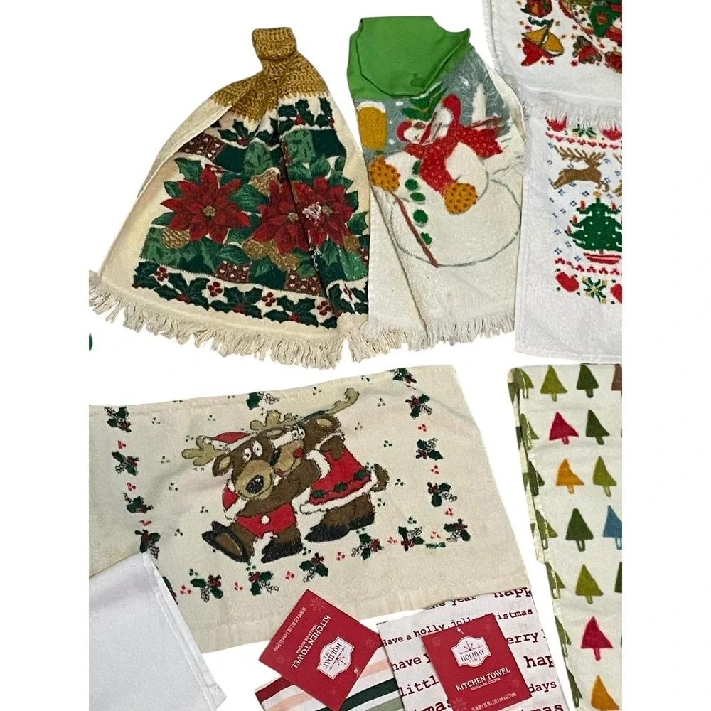 Lot 13 Vintage & Modern Christmas‎ Kitchen Towels & Table Runner Holiday Cotton