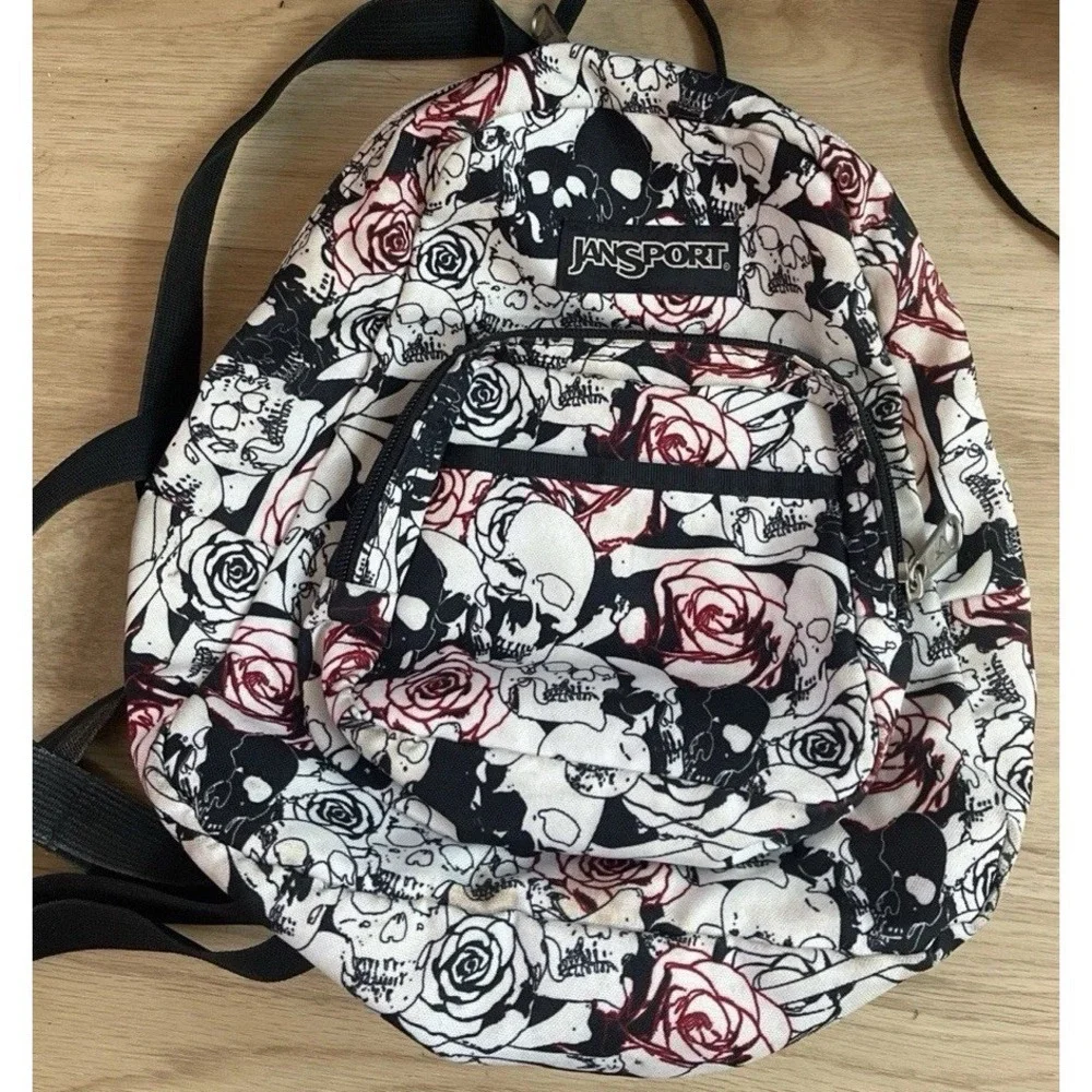 JanSport Mini Backpack Black/White/Red Skull & Rose Print Zip Pockets Straps