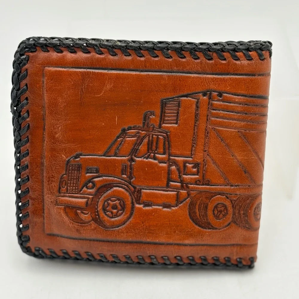 Vintage Hand Tooled Brown Leather‎ Trucker Wallet Bifold Semi Truck Whipstitch