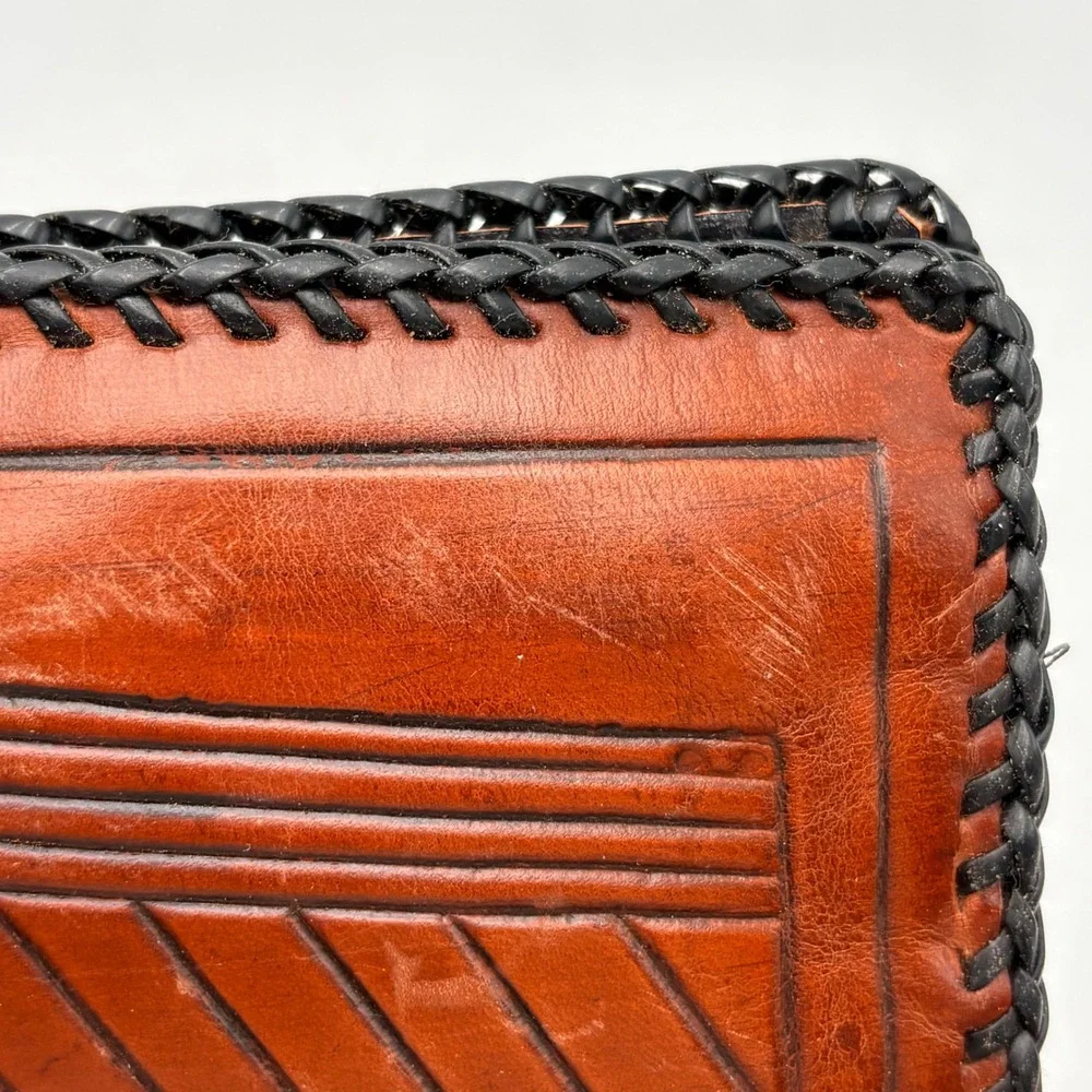 Vintage Hand Tooled Brown Leather‎ Trucker Wallet Bifold Semi Truck Whipstitch