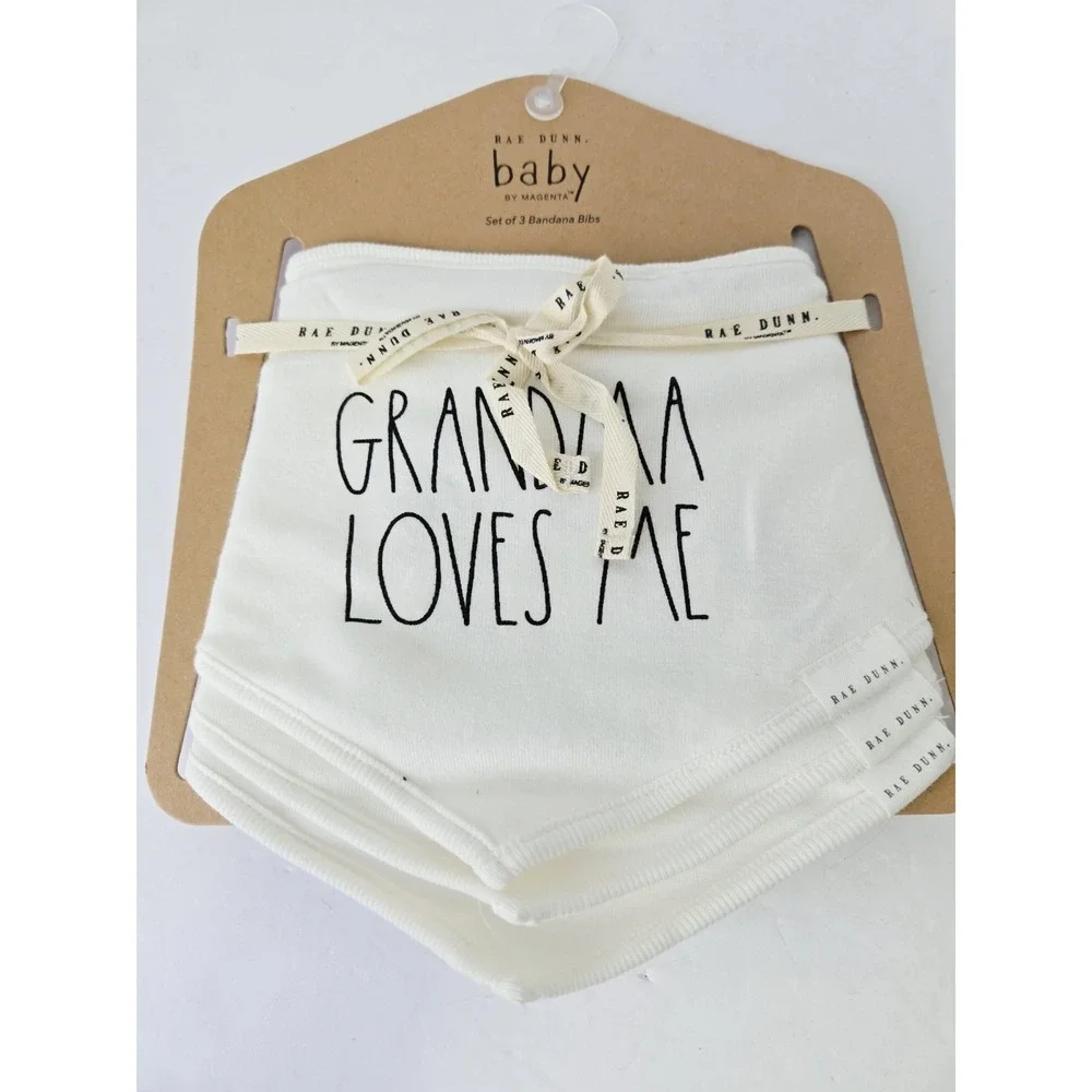 Rae Dunn  Baby Bib Set Grandma Loves Me‎ NEW set of 3 Bandana Bibs