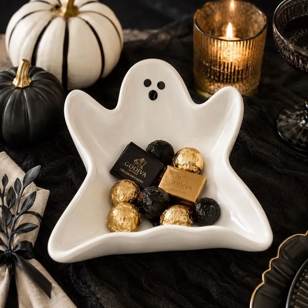 Pottery Barn Ghost Stoneware Appetizer Candy Trinket Dish Halloween NWT White