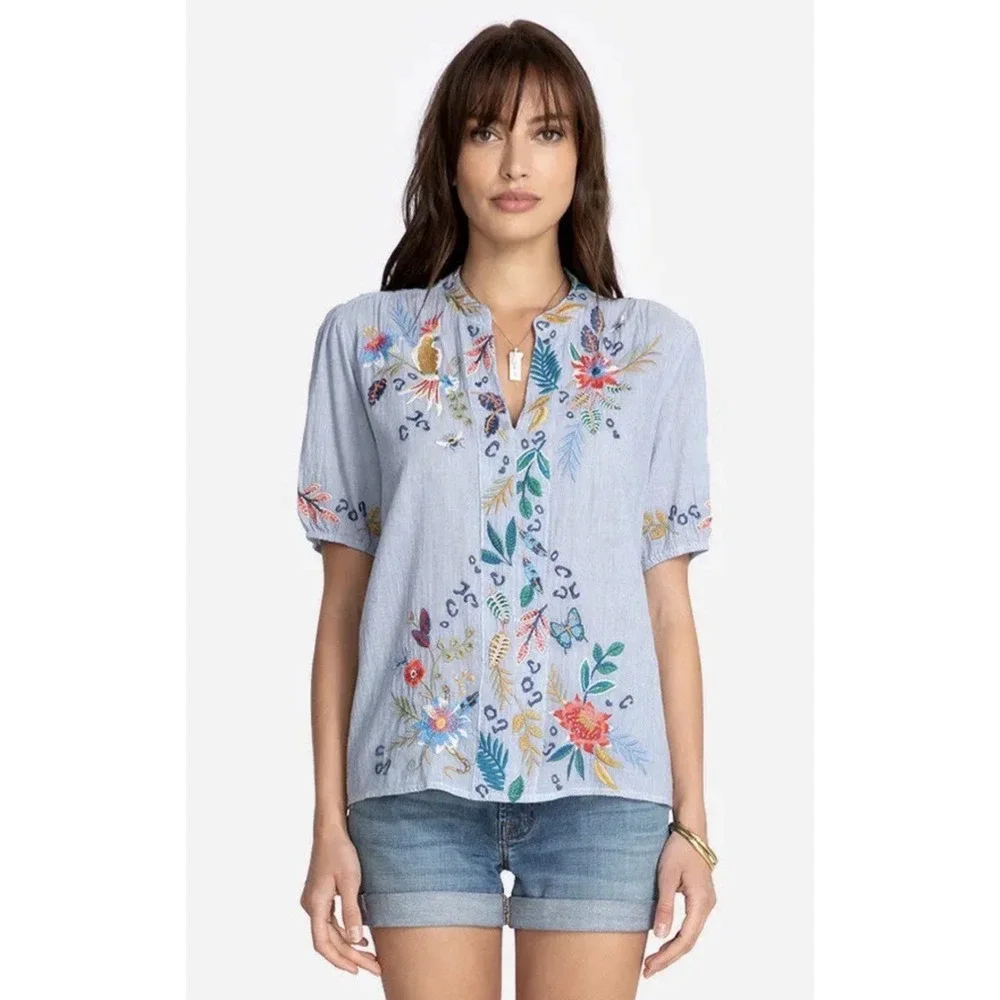 Johnny Was Indraa Puff Sleeve Popover Blouse Sz XS/S Floral Tiger Embroidered