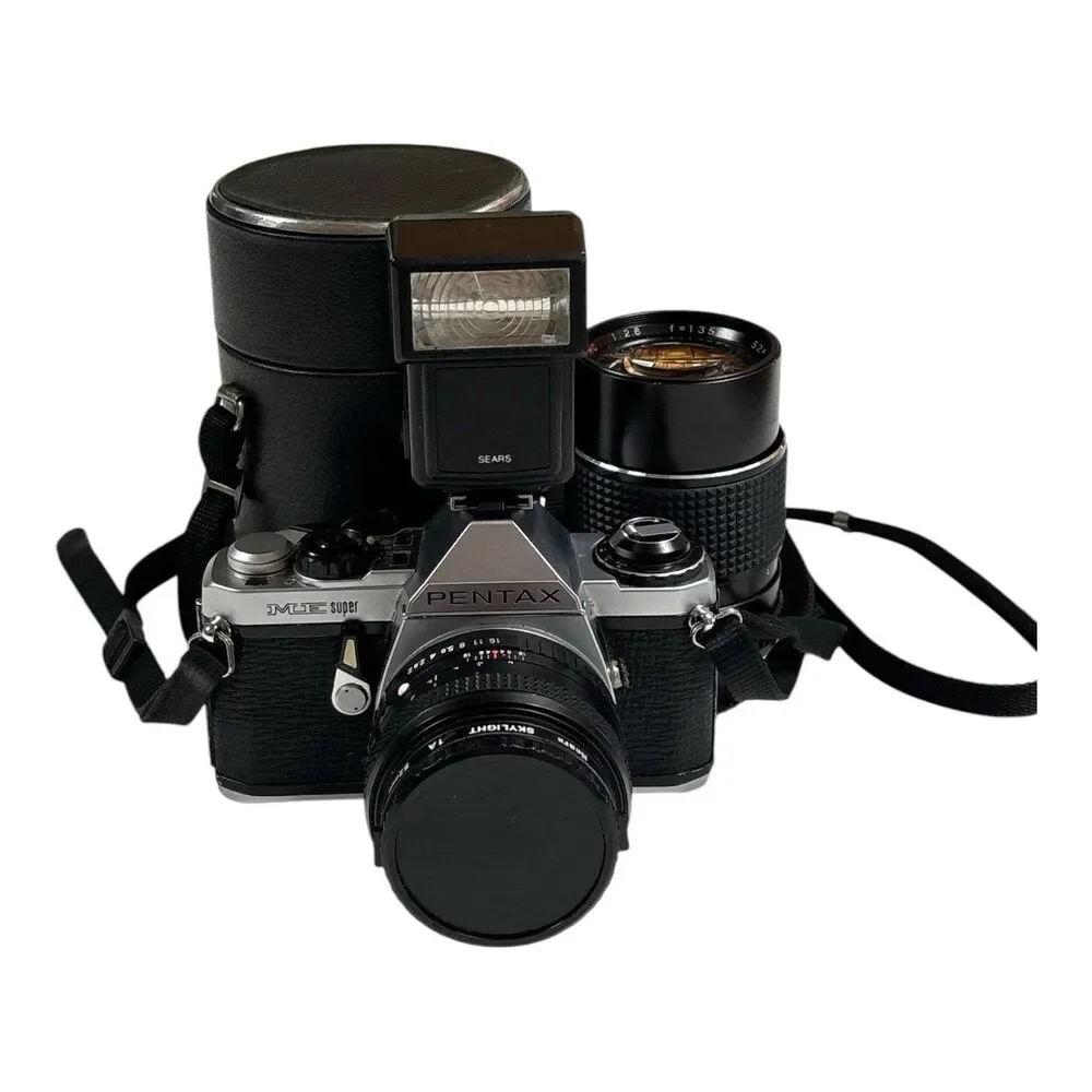 Pentax MX Black 35mm SLR Film Camera W/ 2.8 Telephoto Lens Pentax K Mount & Case
