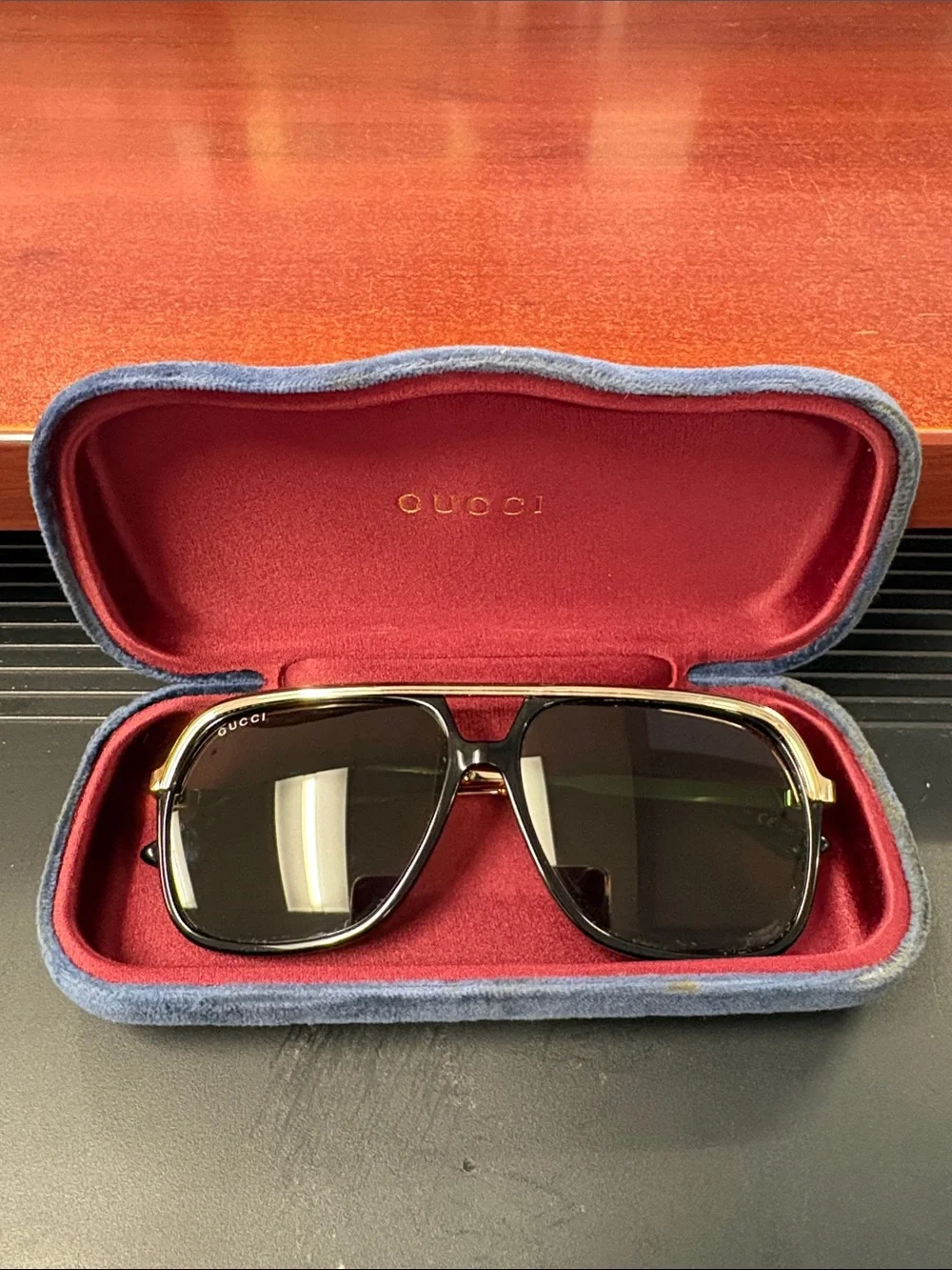 Gucci Black and Gold Square Sunglasses with Branded Case